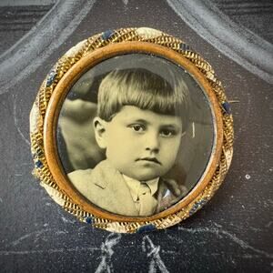 Antique Victorian Tintype Photo Brooch c1885 Ferrotype Portrait Pin Gold C Clasp
